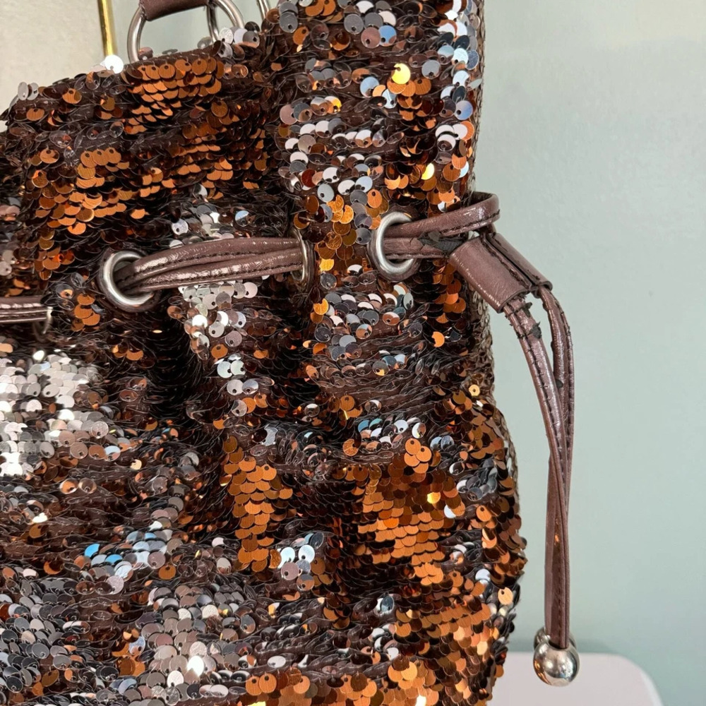 NICOLE LEE  USA Shoulder Satchel Bag Golden Sequins Embellished Drawstring Brown - Picture 6 of 15